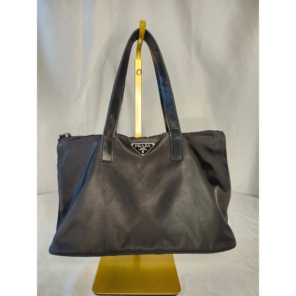 Prada Black Nylon Tote Bag Leather Handles Made in Italy Authenticity Card